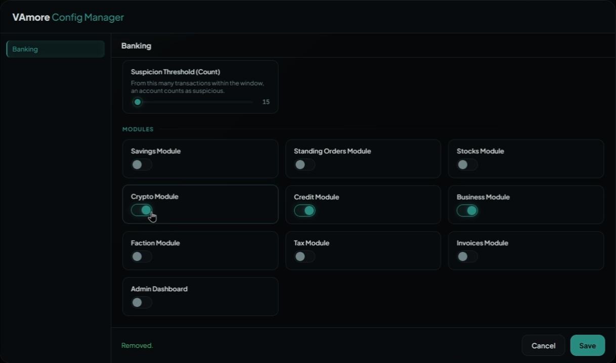 The module section of the Banking tab, with a switch per module and a save bar
