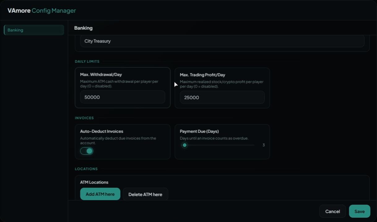 The Config Manager panel open on the Banking tab, showing daily limits, invoice settings and ATM locations